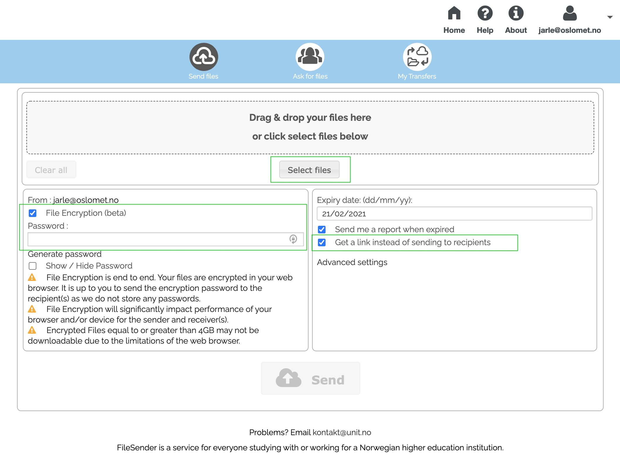 Bildet viser hvor du huker av for kryptering (File encryption beta)