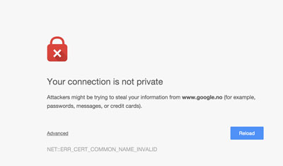 Skjermbilde av feilmelding ved åpning av sikker nettside, https. Forsøk å åpne nettside med kun http.