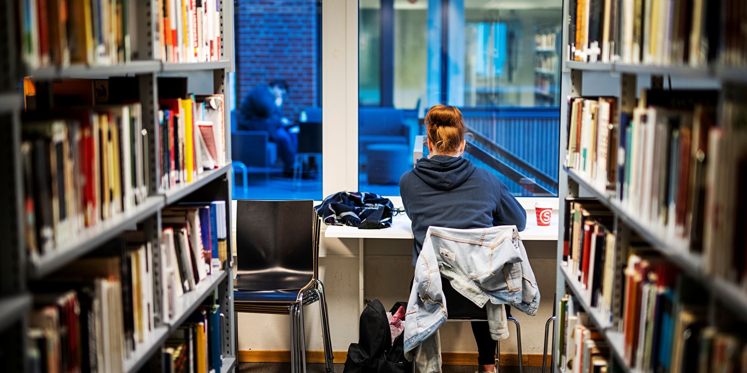 Person reading in a library.