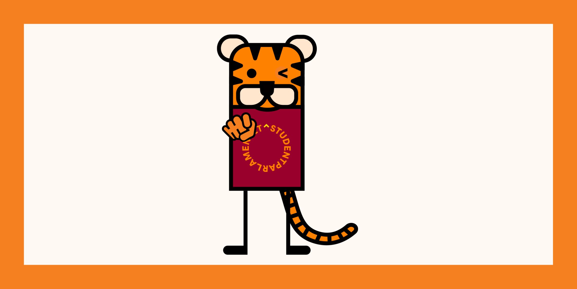 En tiger, Studentparlamentets maskot med burgunder t-skjorte. Tigeren peker og blunker mot deg.