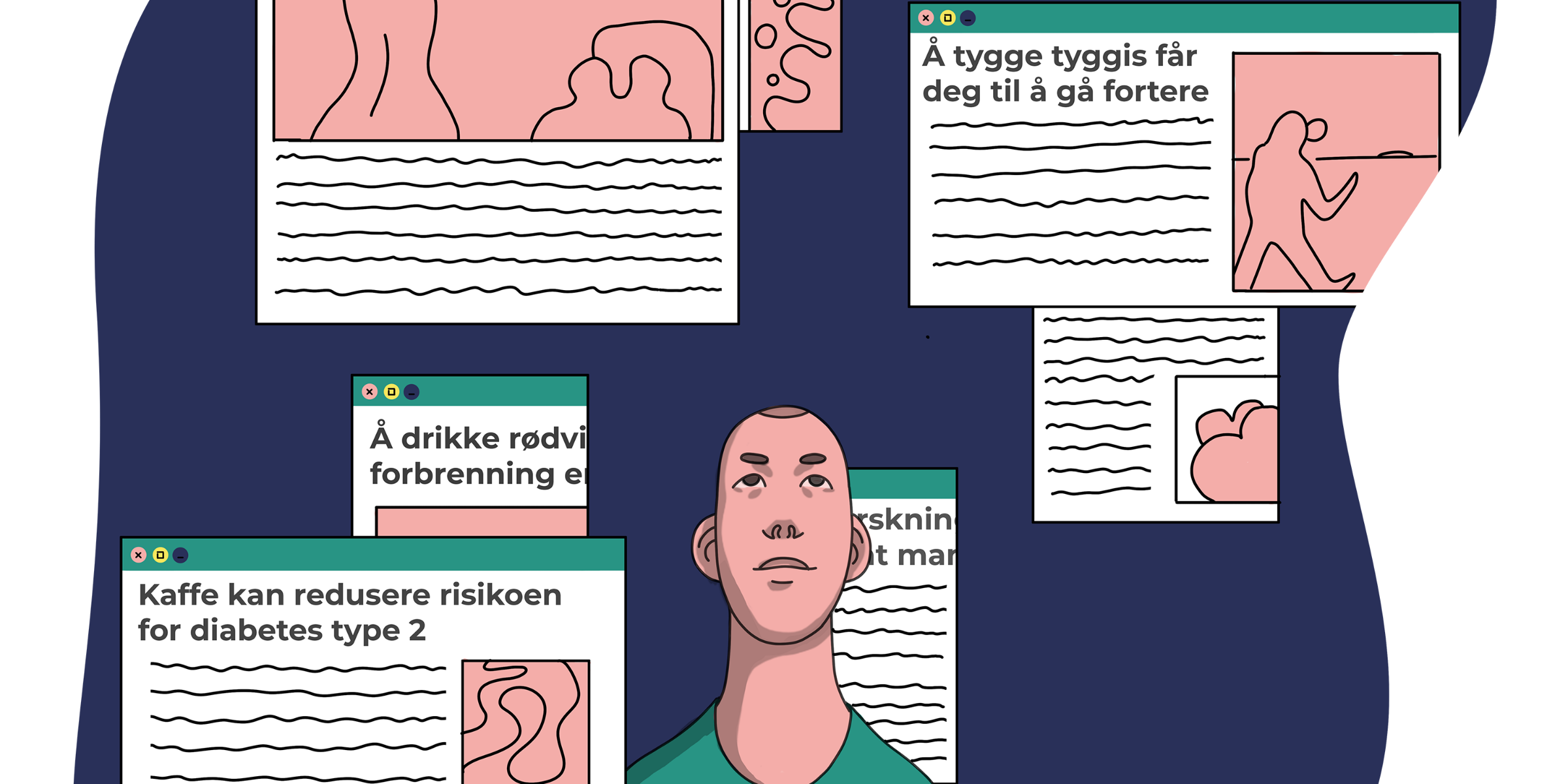 Animert mann omringet av ulike nyhetsartikler hvor overskriften er ulike helsepåstander.
