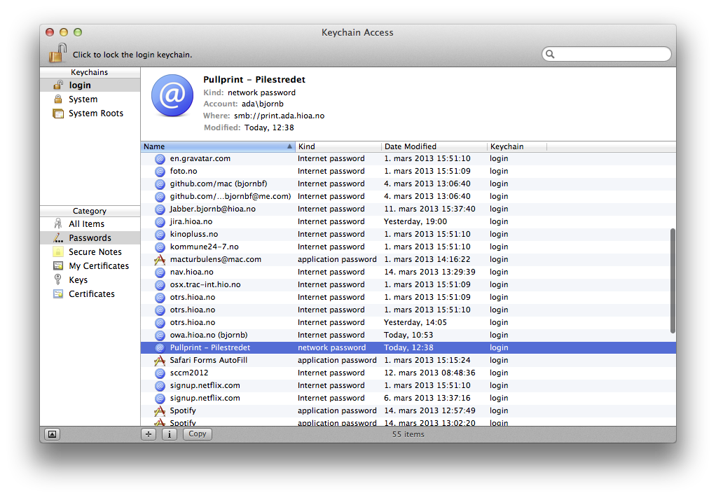 Skjermbildet viser liste over nettverkstilkoblinger under Keychain > Passwords.