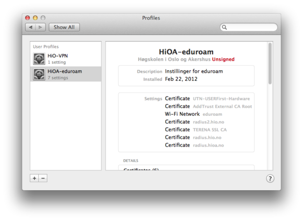 Screenshot: Eduroam profile under Profiles