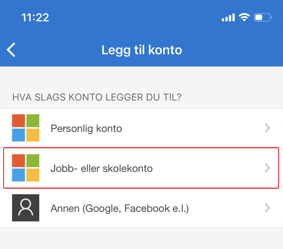 Skjermbilde som viser hvordan du velger jobb- eller skolekonto