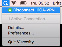 Skjermbilde: Koble fra, klikk på Disconnect HiOA-VPN