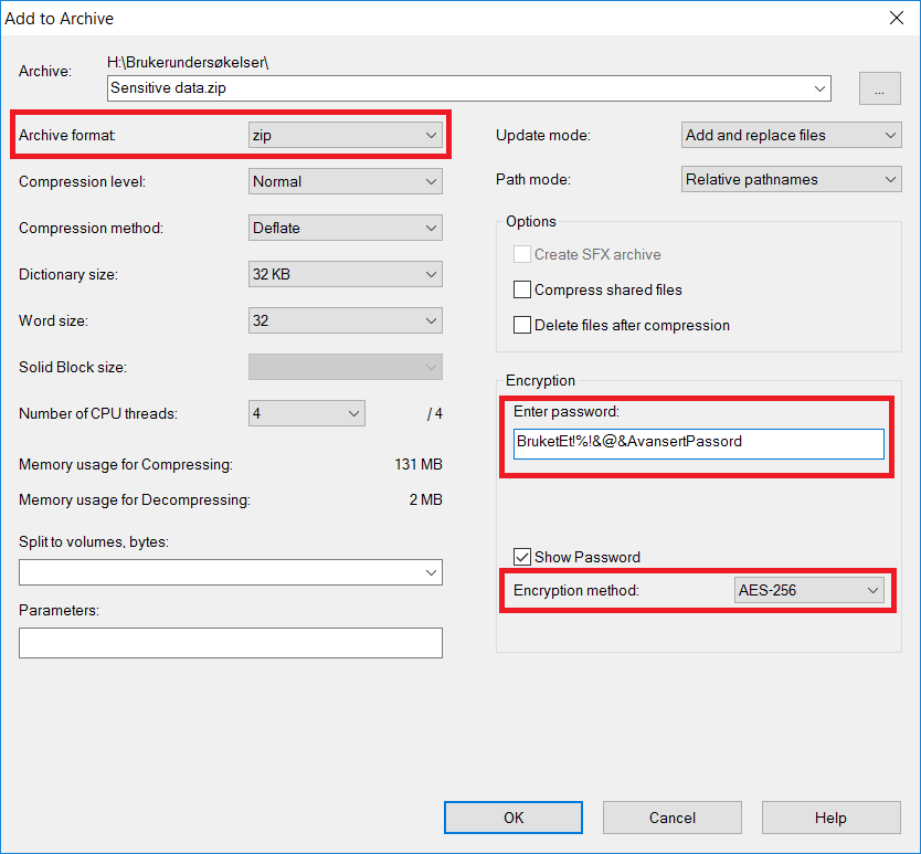 Skjermdump: Bildet viser innstillingene du velger ved kryptering. Zip-format, passord og AES256