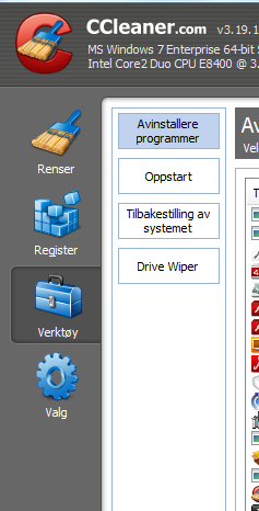 Skjermbilde: Åpne CCleaner fra startmenyen på HiOA-PC, velg Drive Wiper under Verktøy