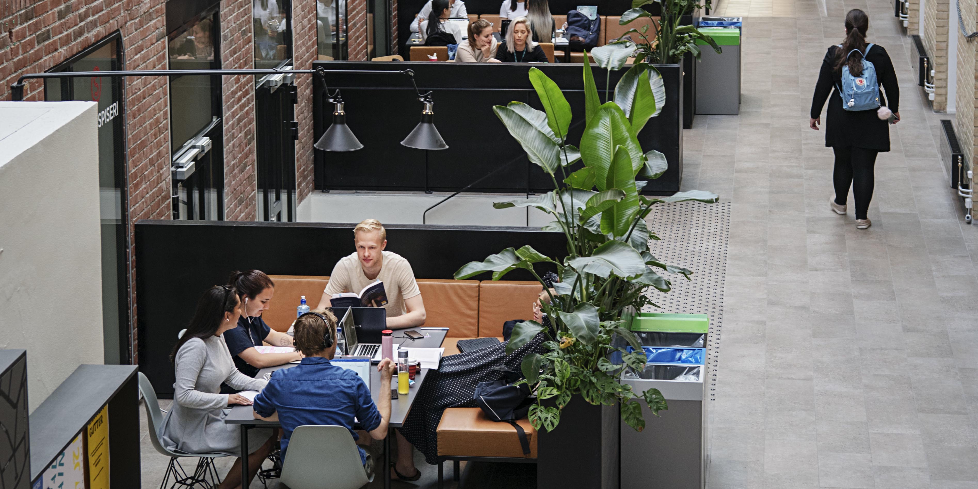 Students sit around tables on campus with books and laptops.