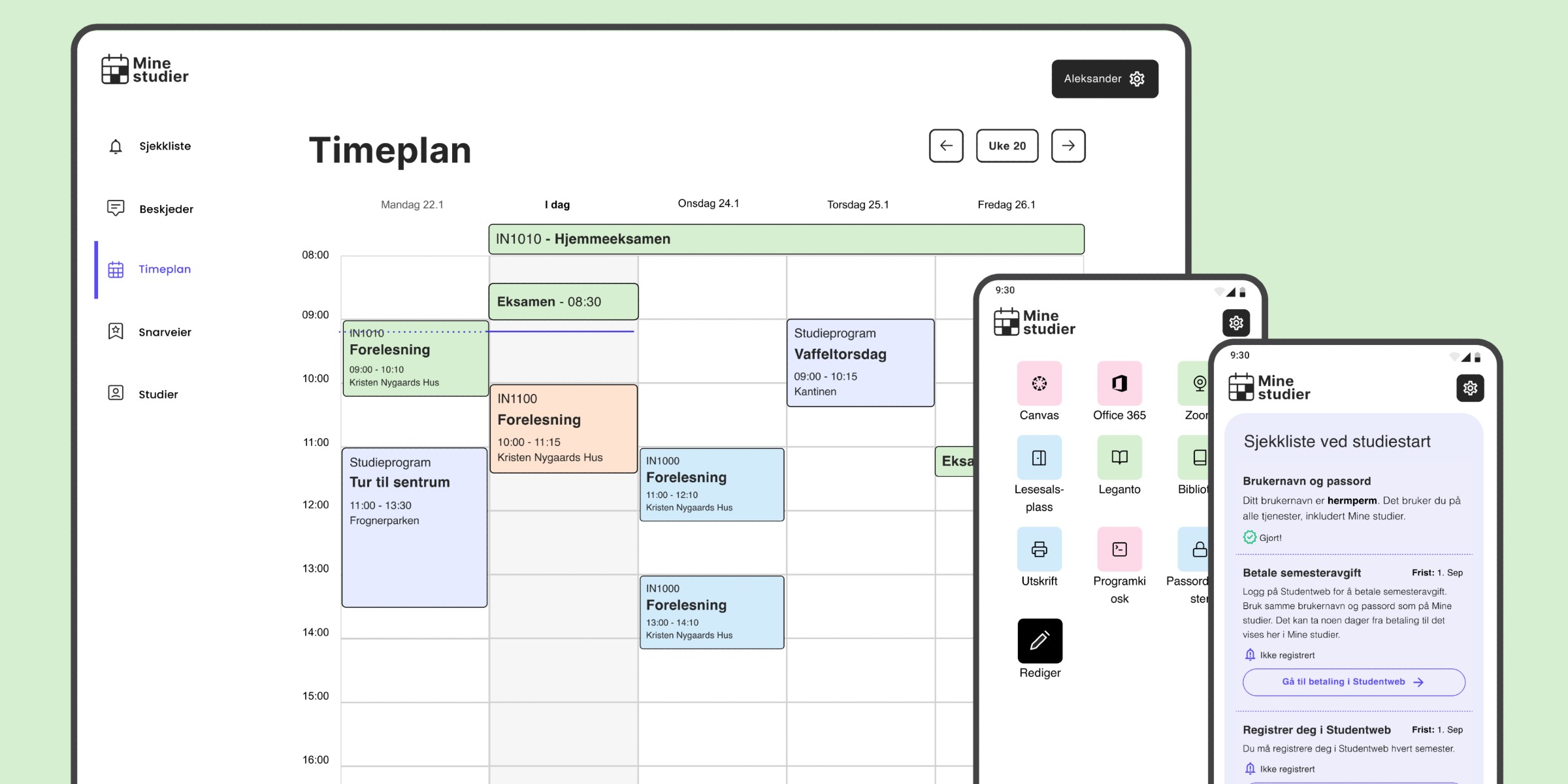 Screenshot of My Studies in web and app versions showing timetable, start-of-study checklist and shortcuts.